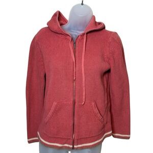 Lands End Rib Stitch Sweater Full Zip Hoodie Womens S Coral Pink 100% Cotton
